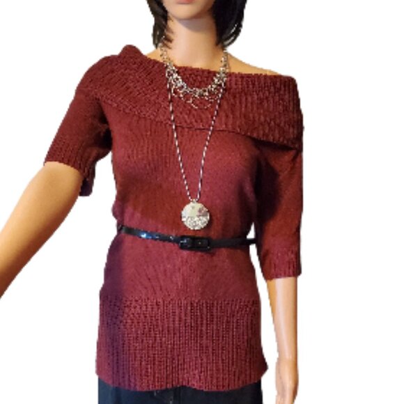 Derek Heart Dark Red Cowl Neck Women Puffy Sweater with Black Belt - Picture 1 of 5
